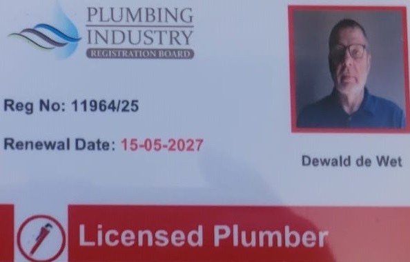 PIRB Licensed Plumber registration card for Dewald de Wet, Reg No 11964/25